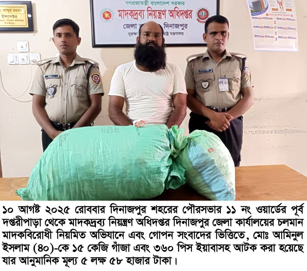 দিনাজপুরে মাদকদ্রব্য নিয়ন্ত্রণ অধিদপ্তরের অভিযানে মাদকসহ আটক-১